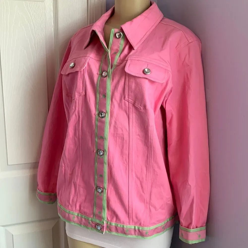 Quacker Factory QVC Embellished Blazer Button Cotton Twill Jacket M Pink